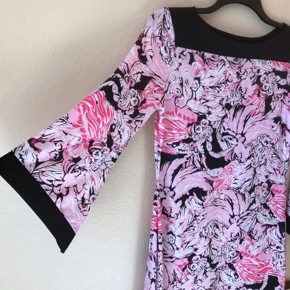 Indication ECI Pink Floral Shift Dress Size Medium All Over Print Bell Sleeve - Picture 5 of 8